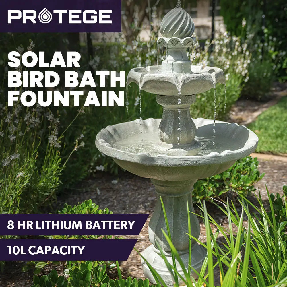 PROTEGE 3 Tier Solar Powered Water Feature Fountain Bird Bath - Light Grey - Home & Garden > Fountains