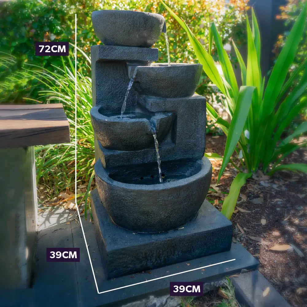 PROTEGE Solar Fountain Water Feature Outdoor 4 Bowl with LED Lights - Charcoal - Home & Garden > Fountains