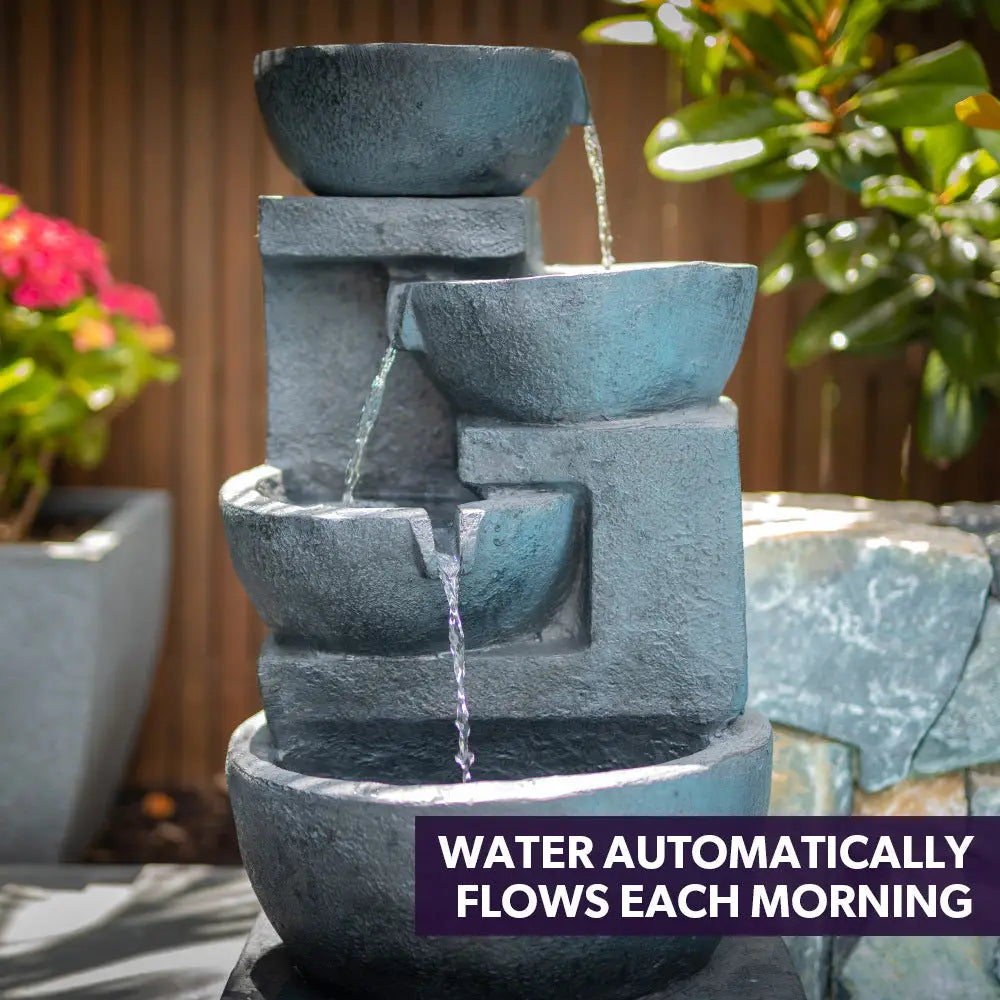 PROTEGE Solar Fountain Water Feature Outdoor 4 Bowl with LED Lights - Charcoal - Home & Garden > Fountains