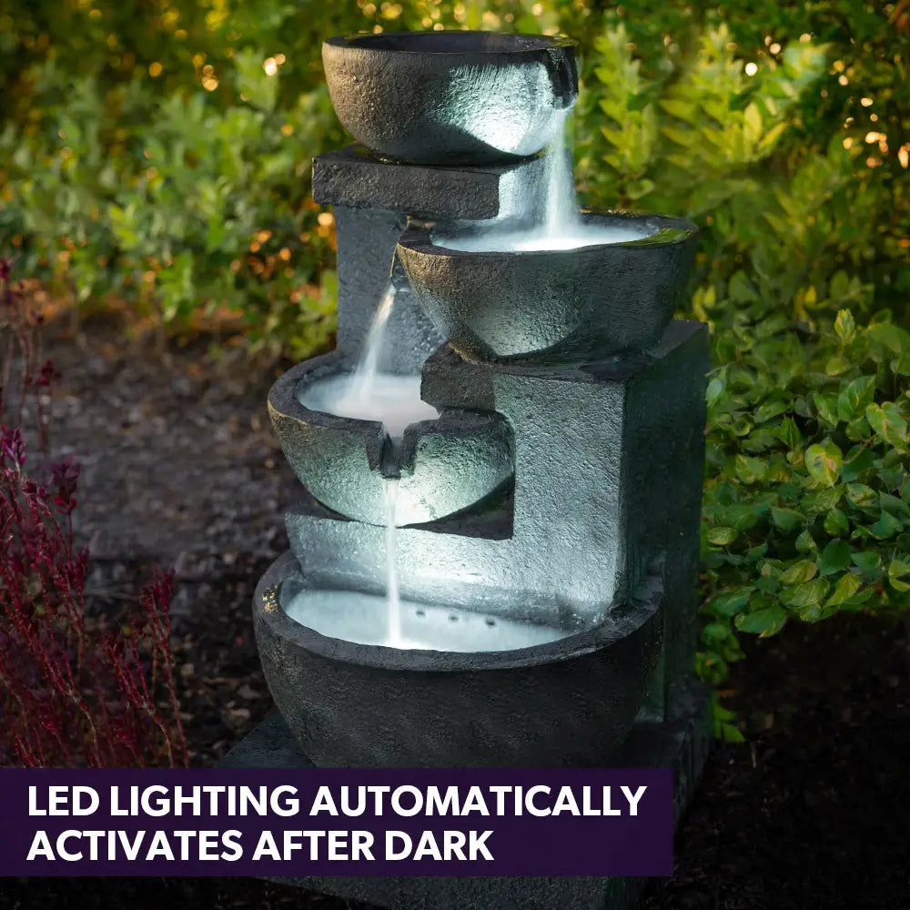 PROTEGE Solar Fountain Water Feature Outdoor 4 Bowl with LED Lights - Charcoal - Home & Garden > Fountains