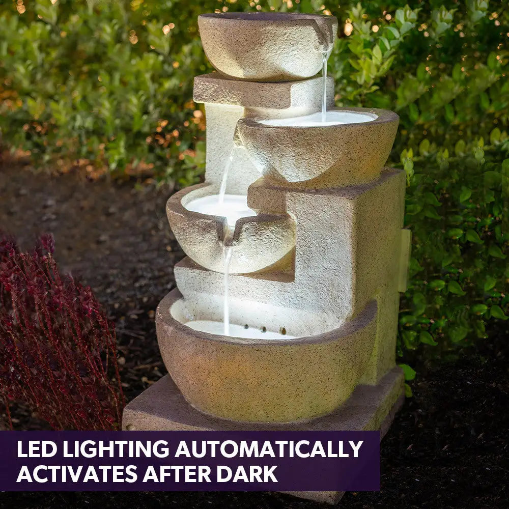 PROTEGE Solar Fountain Water Feature Outdoor 4 Bowl with LED Lights - Sand Colour - Home & Garden > Fountains