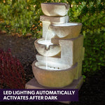 PROTEGE Solar Fountain Water Feature Outdoor 4 Bowl with LED Lights - Sand Colour - Home & Garden > Fountains