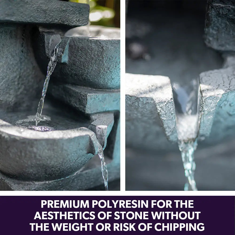 PROTEGE Solar Fountain Water Feature Outdoor 4 Bowl with LED Lights - Charcoal - Home & Garden > Fountains