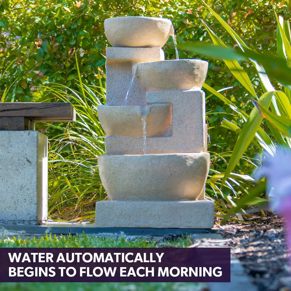 PROTEGE Solar Fountain Water Feature Outdoor 4 Bowl with LED Lights - Sand Colour - Home & Garden > Fountains