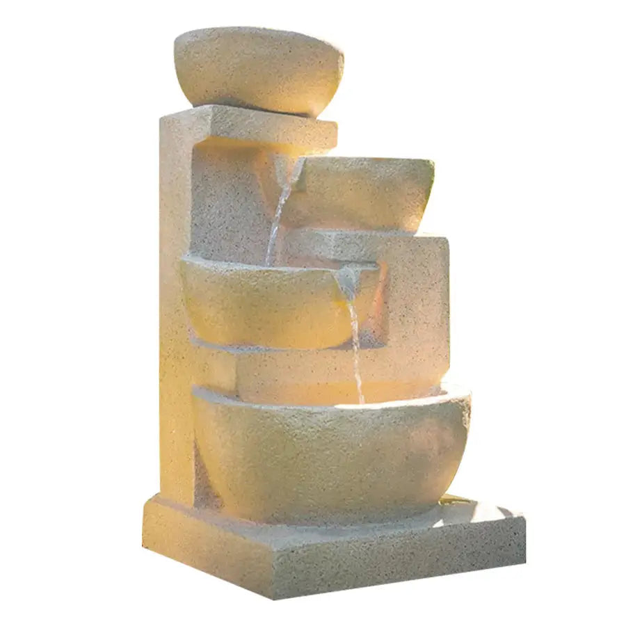 PROTEGE Solar Fountain Water Feature Outdoor 4 Bowl with LED Lights - Sand Colour - Home & Garden > Fountains