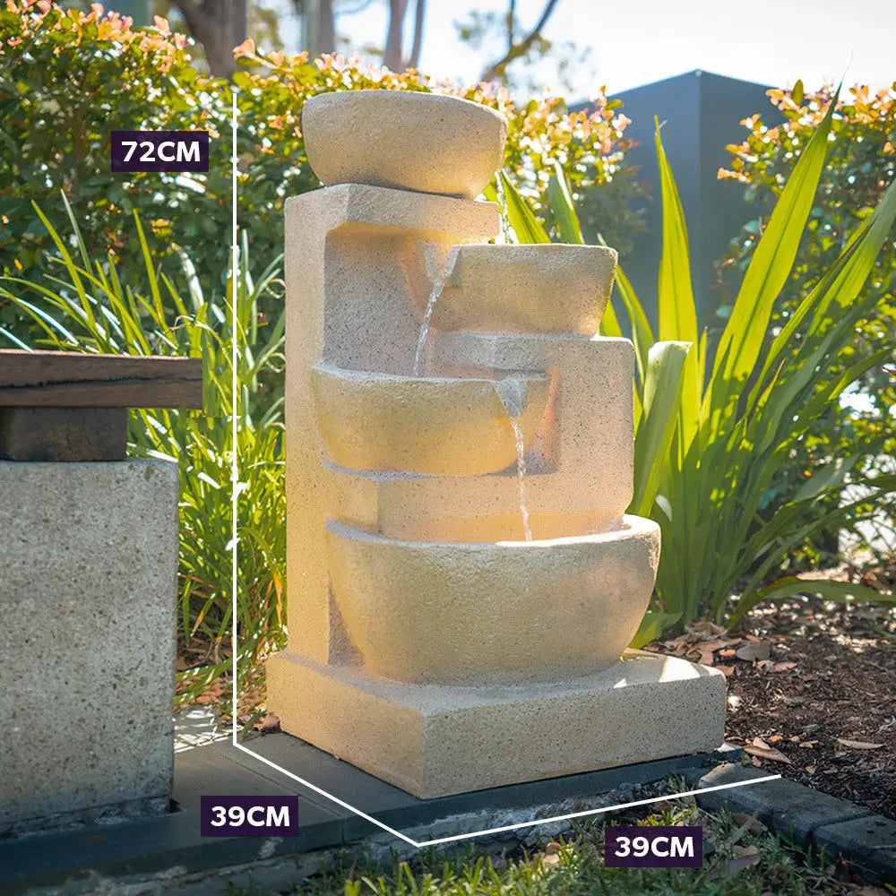 PROTEGE Solar Fountain Water Feature Outdoor 4 Bowl with LED Lights - Sand Colour - Home & Garden > Fountains