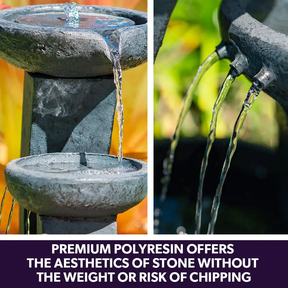 PROTEGE Solar Fountain Water Feature Outdoor Bird Bath with LED Lights - Charcoal - Home & Garden > Fountains
