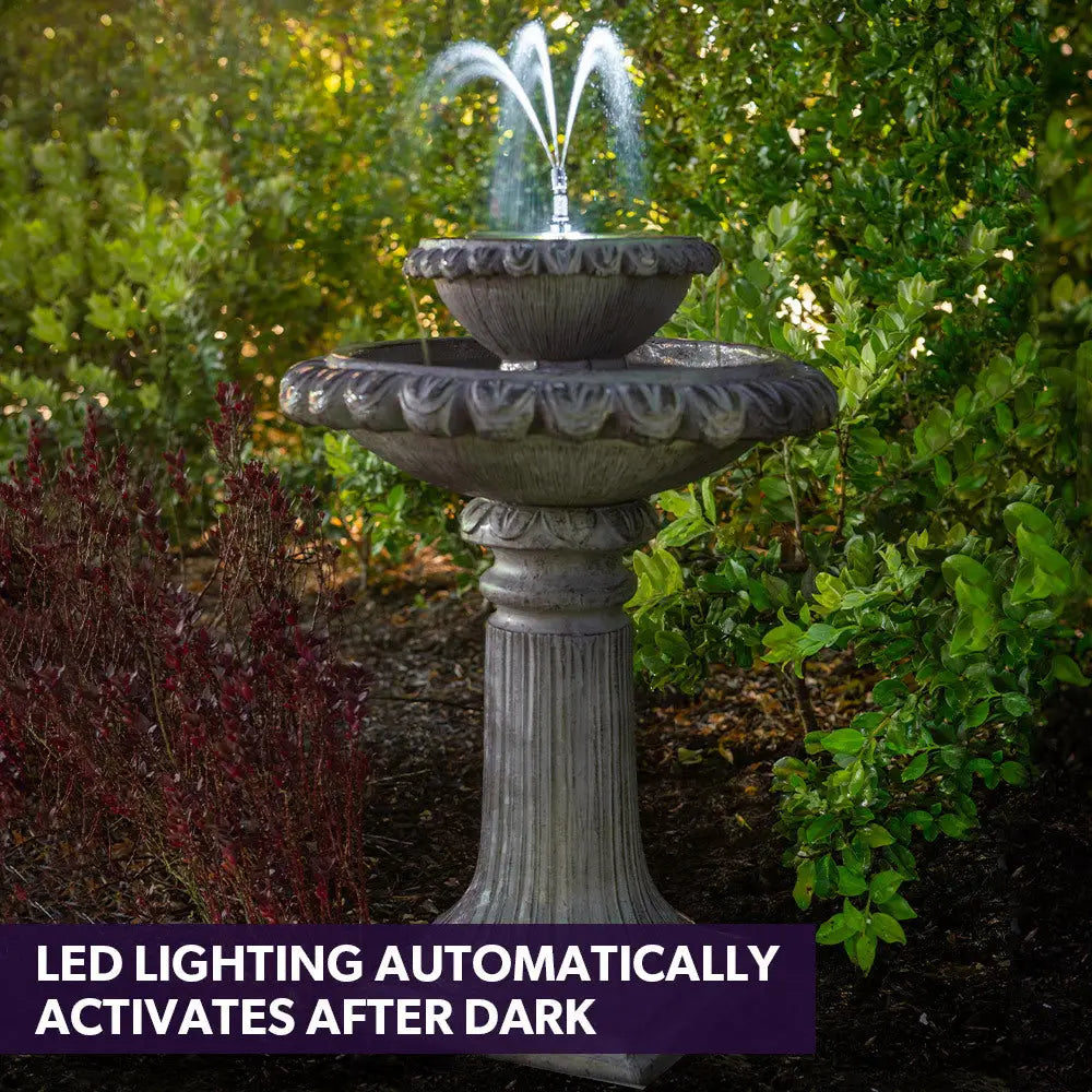 PROTEGE Solar Powered Water Feature Fountain Bird Bath with Lighting Light Grey - Home & Garden > Fountains