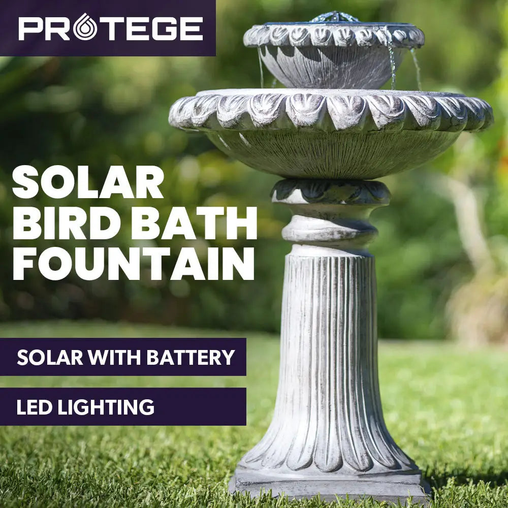 PROTEGE Solar Powered Water Feature Fountain Bird Bath with Lighting Light Grey - Home & Garden > Fountains