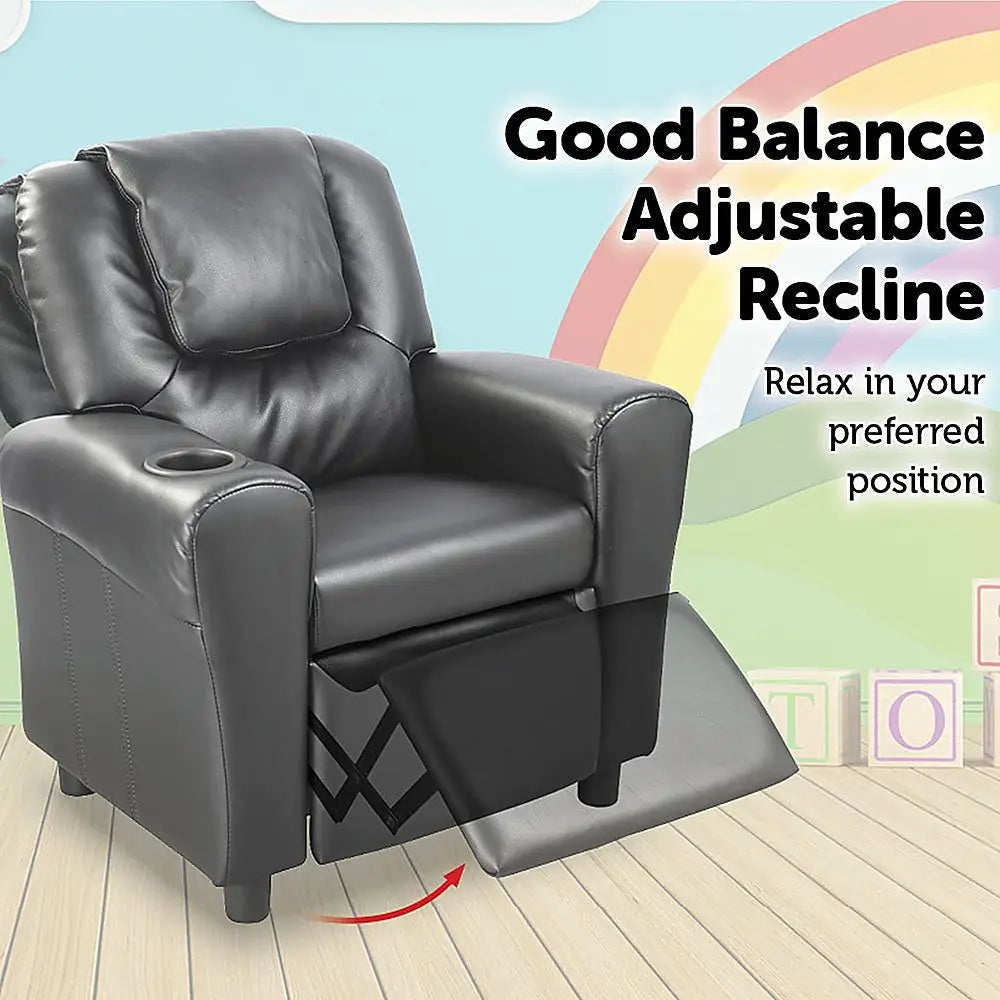 PU Leather Kids Recliner with Drink Holder - Furniture > Office