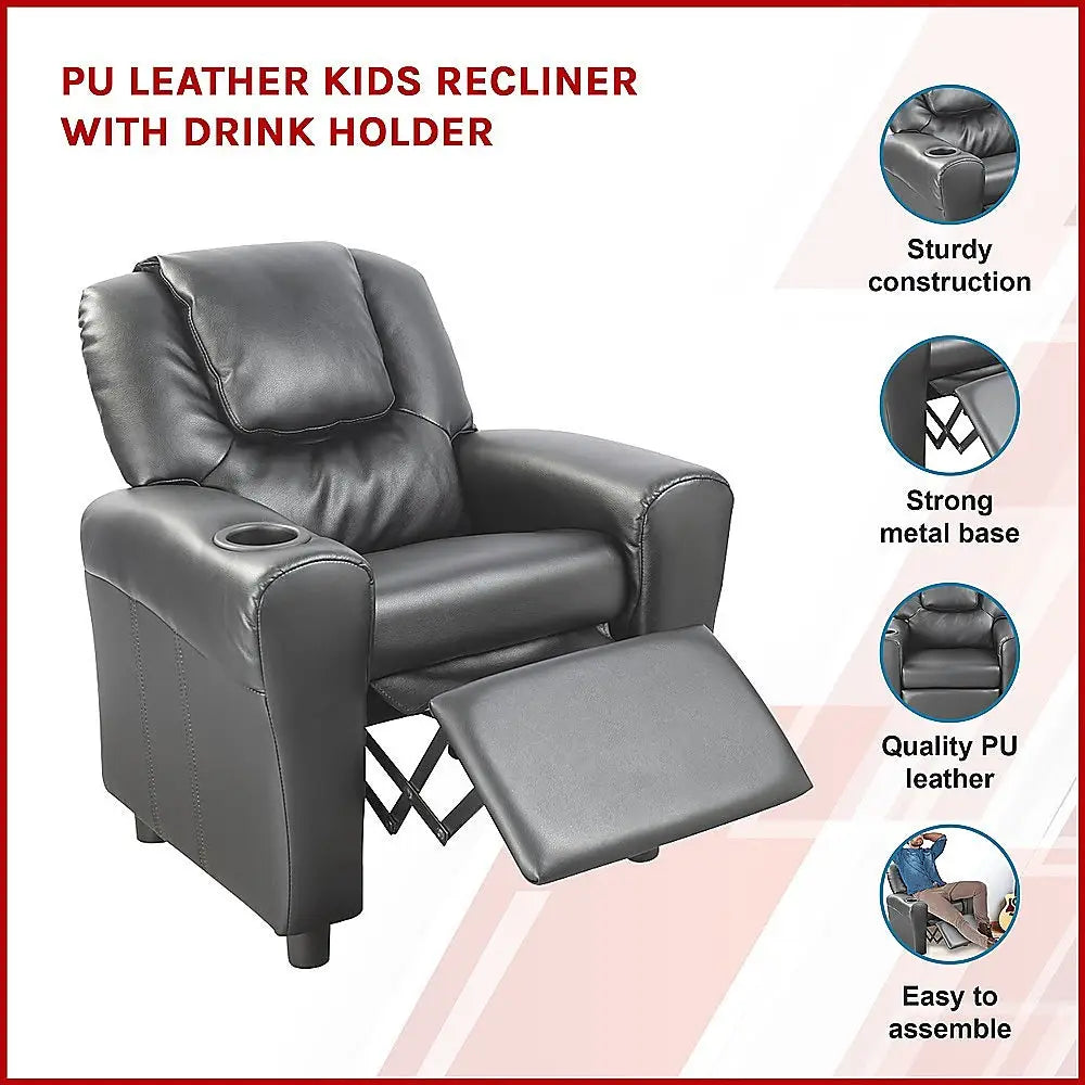 PU Leather Kids Recliner with Drink Holder - Furniture > Office