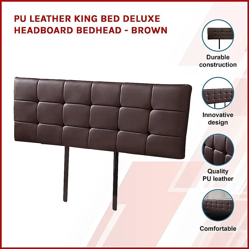 PU Leather King Bed Deluxe Headboard Bedhead - Brown - Furniture > Bedroom
