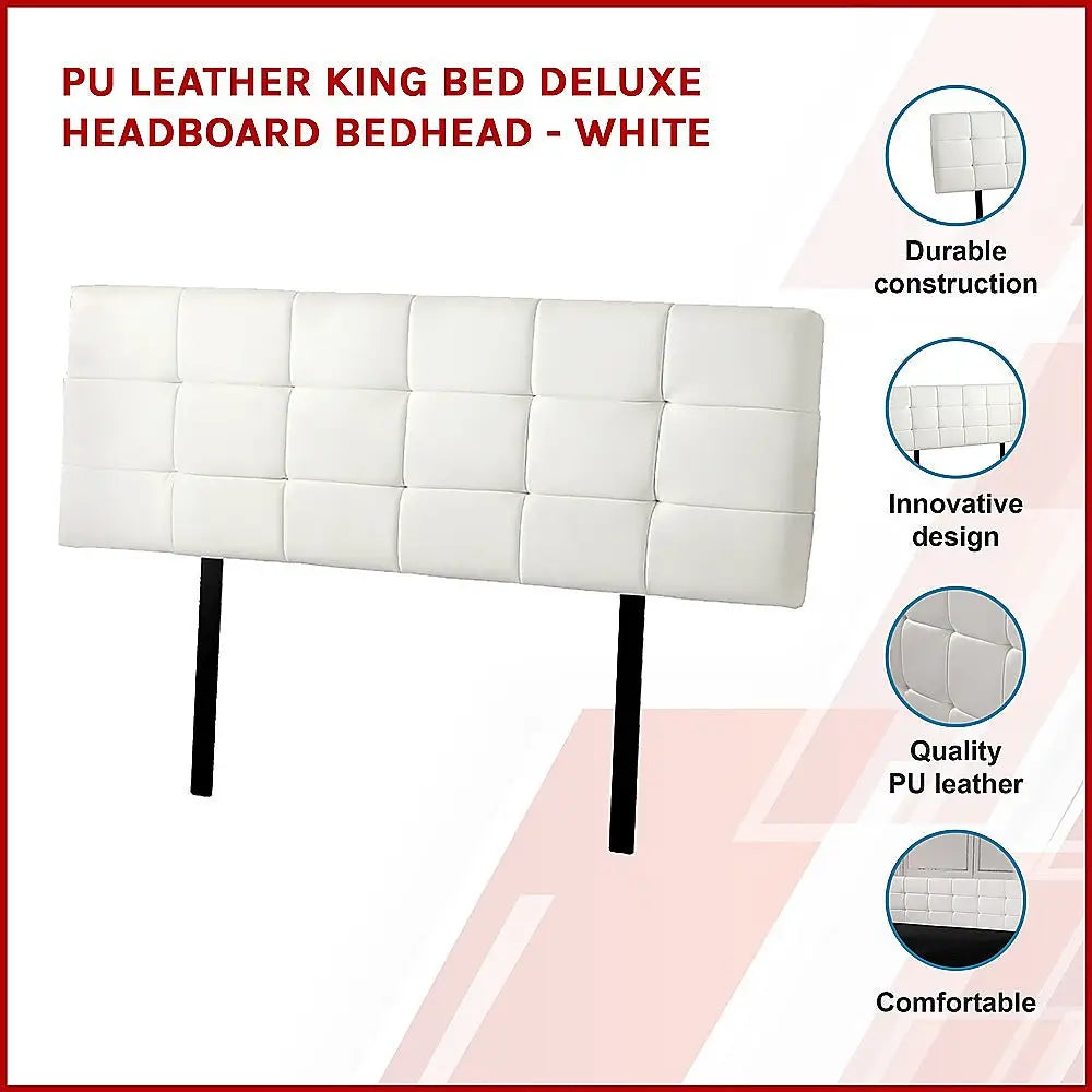 PU Leather King Bed Deluxe Headboard Bedhead - White - Furniture > Bedroom
