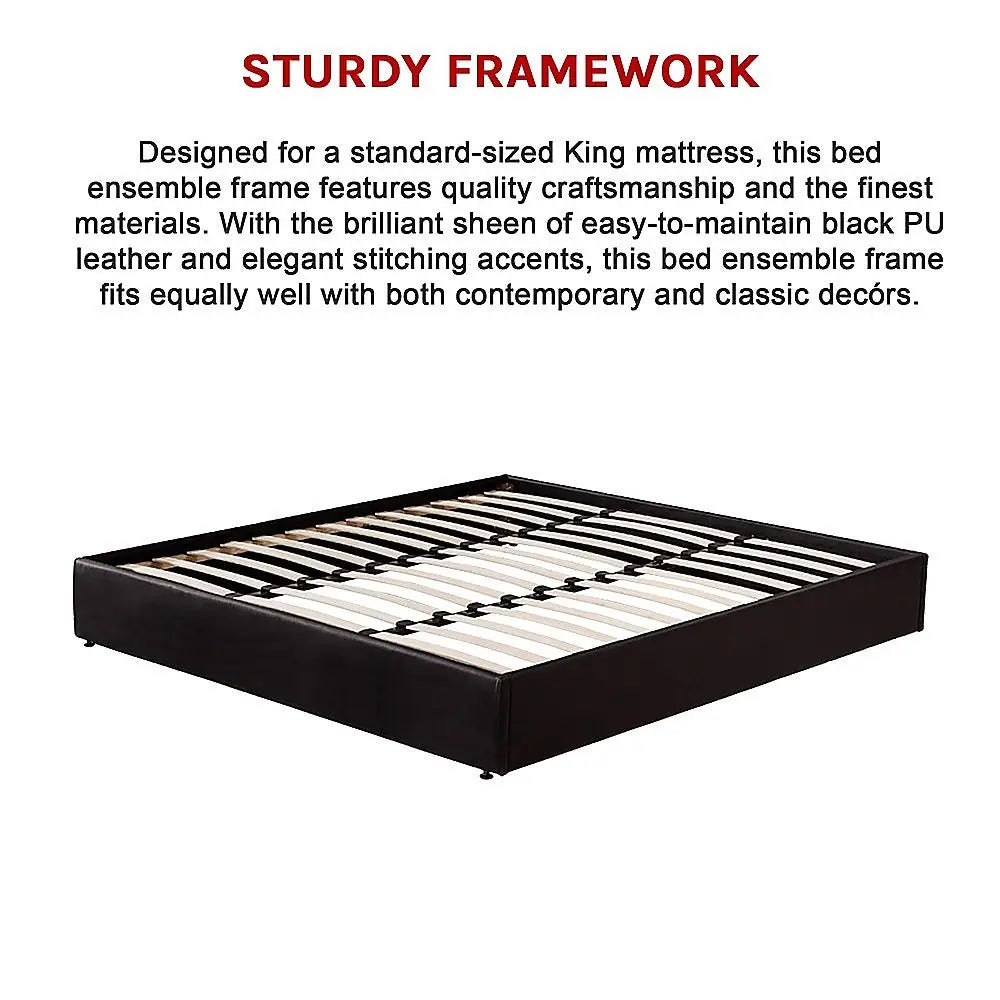 PU Leather King Bed Ensemble Frame Black - Furniture > Bedroom > Beds & Bed Frames