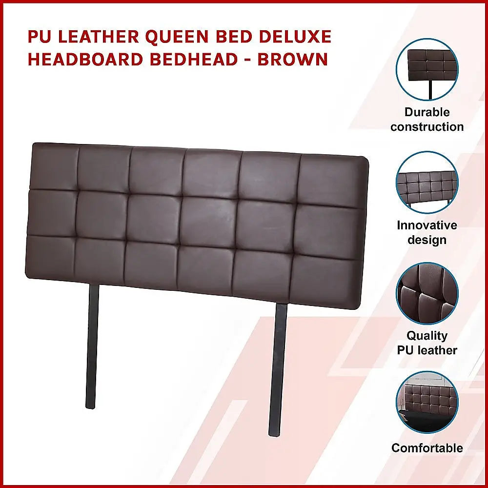 PU Leather Queen Bed Deluxe Headboard Bedhead - Brown - Furniture > Bedroom