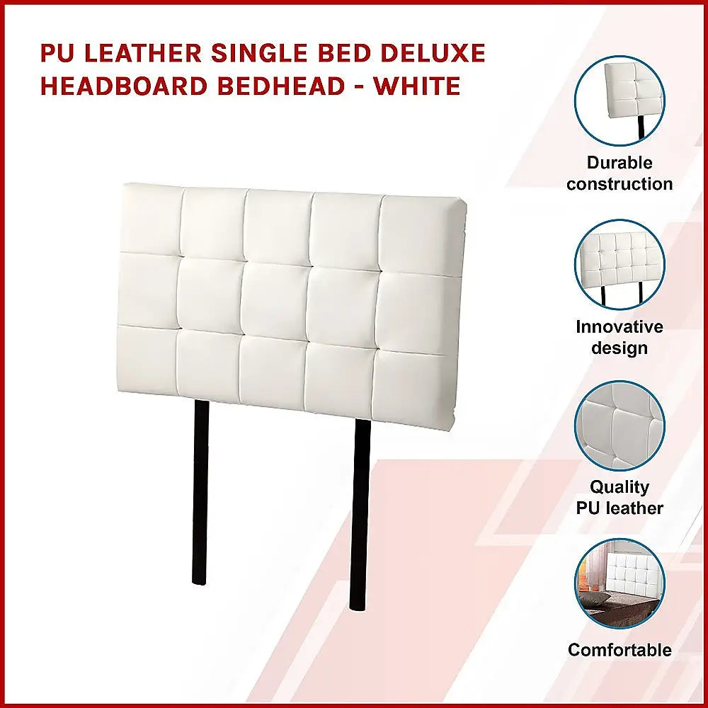 PU Leather Single Bed Deluxe Headboard Bedhead - White - Furniture > Bedroom