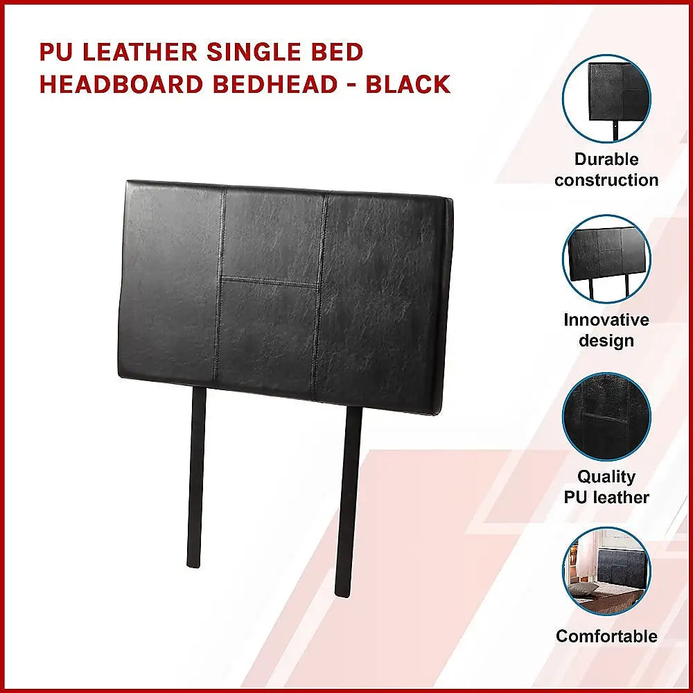 PU Leather Single Bed Headboard Bedhead - Black - Furniture > Bedroom