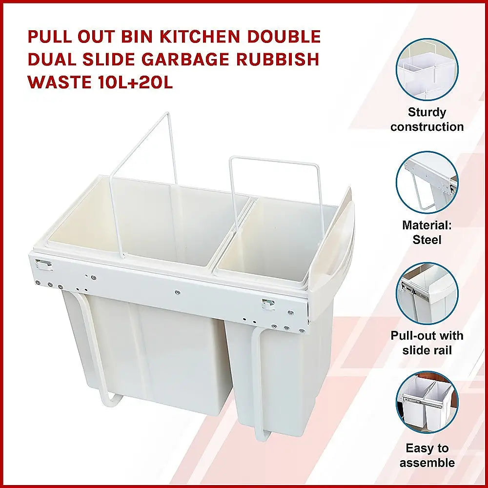 Pull Out Bin Kitchen Double Dual Slide Garbage Rubbish Waste 10L + 20L - Home & Garden > Kitchenware