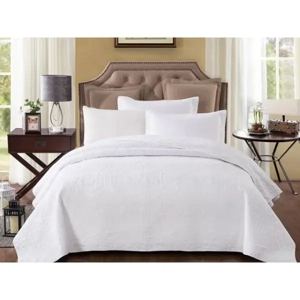 Pure White 100% Cotton Quilted 3 pcs Bedspread Coverlet Set Super King - Home & Garden > Bedding > Quilts & Duvets