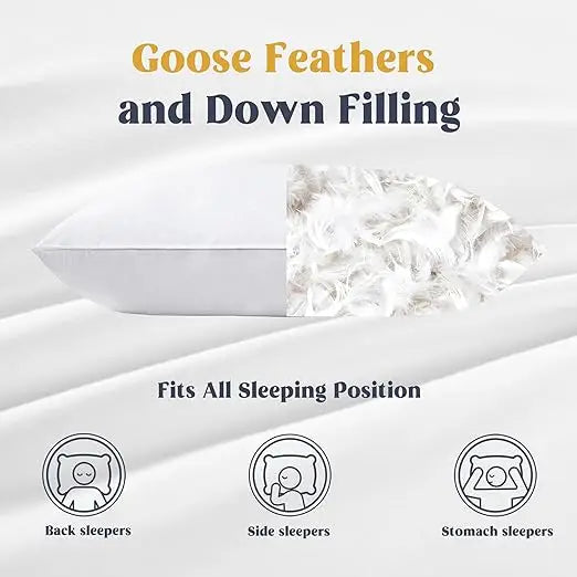 Puredown Goose Down and Feather Pillow Inserts for Sleeping 100% Cotton Fabric Cover Bed Pillows Set of 2 White Queen