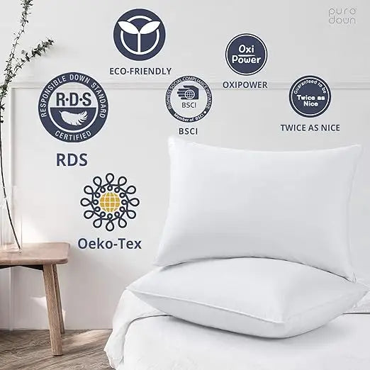 Puredown Goose Down and Feather Pillow Inserts for Sleeping 100% Cotton Fabric Cover Bed Pillows Set of 2 White Queen