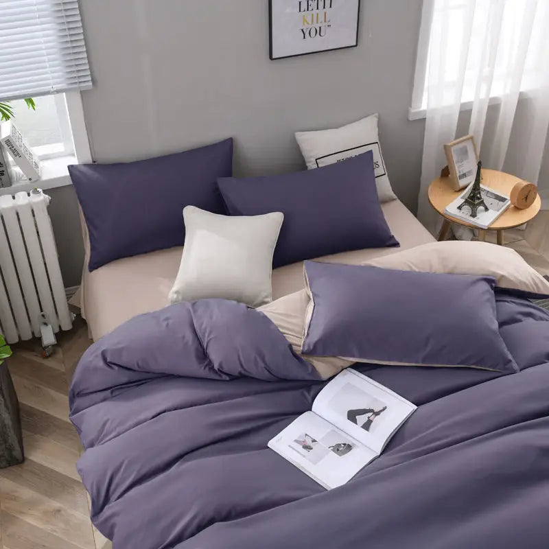 Purple And Light Pink Stitching Ultra-Soft Solid Color 4-Piece Bedding Set - Queen Size(Suitable for 2m bed) - Home &