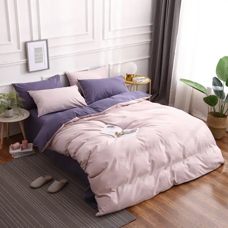 Purple And Pink Stitching Ultra-Soft Solid Color 4-Piece Bedding Set - Queen Size(Suitable for 2m bed) - Home & Garden