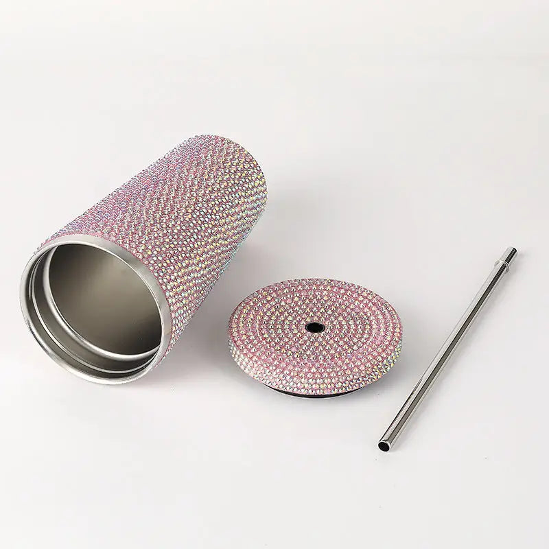 Purple Diamond-Inlaid Insulated 304 Stainless Steel Cup with Straw - Double-Walled Rhinestone Coffee Mug Gift Cup