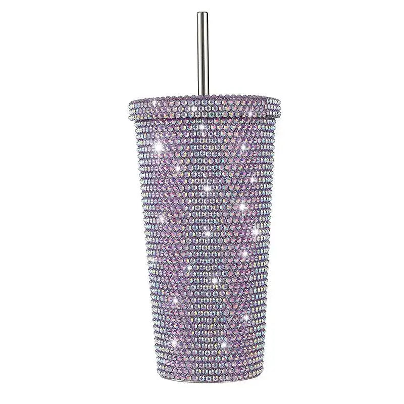 Purple Diamond-Inlaid Insulated 304 Stainless Steel Cup with Straw - Double-Walled Rhinestone Coffee Mug Gift Cup