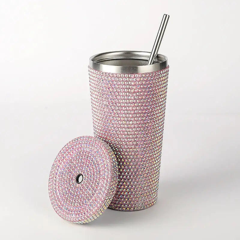 Purple Diamond-Inlaid Insulated 304 Stainless Steel Cup with Straw - Double-Walled Rhinestone Coffee Mug Gift Cup