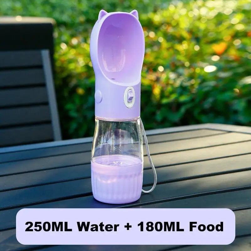 Purple Portable Dog Water Bottle with Built-in Bowl Dispenser - 250ml Water,180ml Food Capacity,Leak-proof for Travel