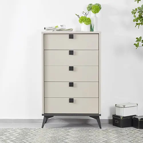 Queen 4 Pcs Bedroom Suite with Tallboy Fabric Upholstery MDF Combination of Champagne and Black Colour - Furniture >