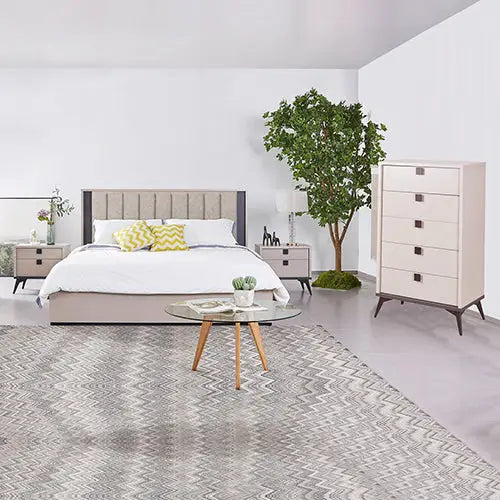 Queen 4 Pcs Bedroom Suite with Tallboy Fabric Upholstery MDF Combination of Champagne and Black Colour - Furniture >