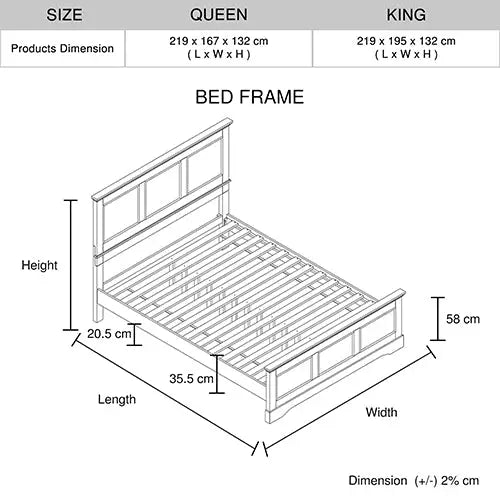 Queen Bed Frame in Solid Wood with Slats Support in Grey colour - Furniture > Bedroom > Beds & Bed Frames