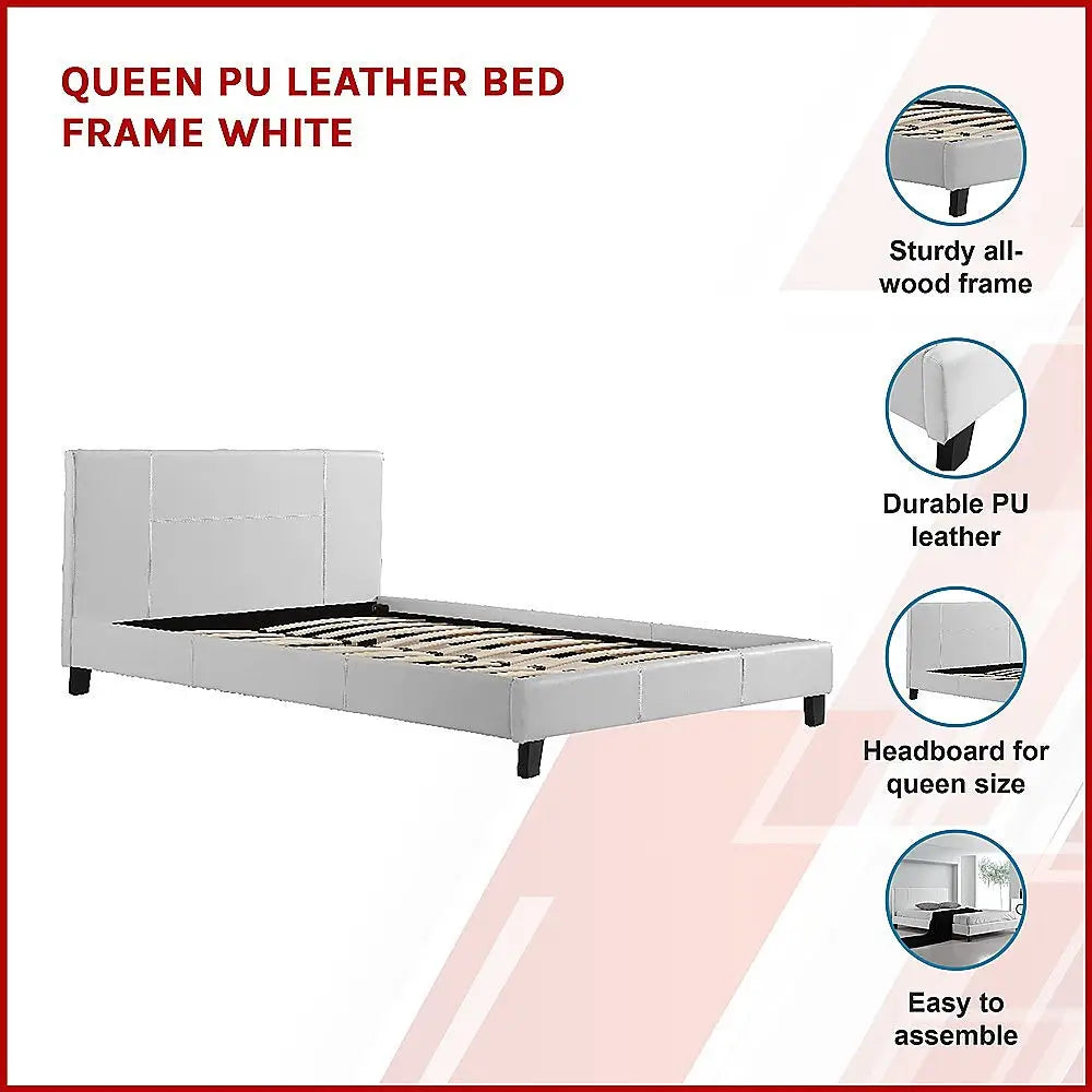 Queen PU Leather Bed Frame White - Furniture > Bedroom