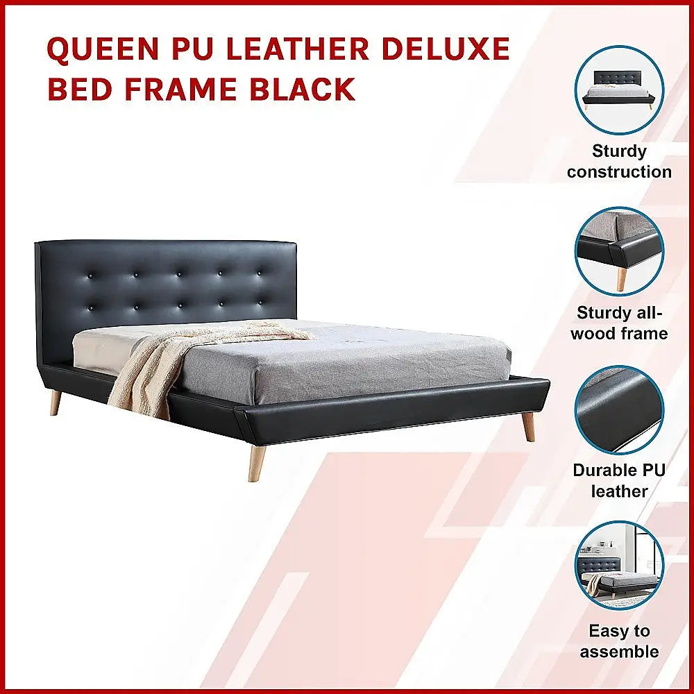 Queen PU Leather Deluxe Bed Frame Black - Furniture > Bedroom