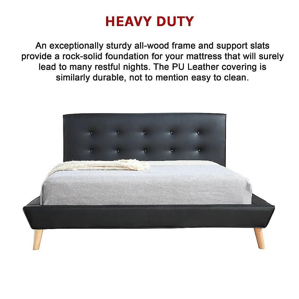 Queen PU Leather Deluxe Bed Frame Black - Furniture > Bedroom