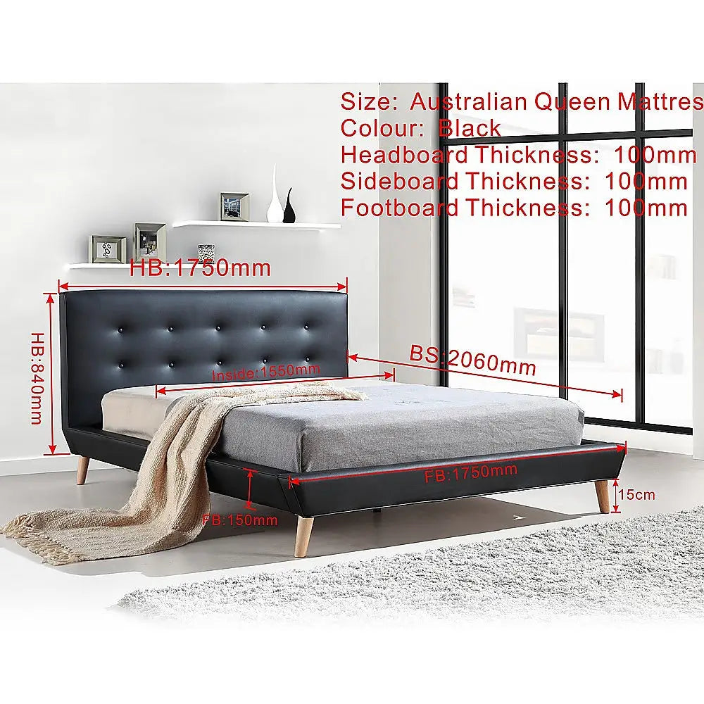 Queen PU Leather Deluxe Bed Frame Black - Furniture > Bedroom