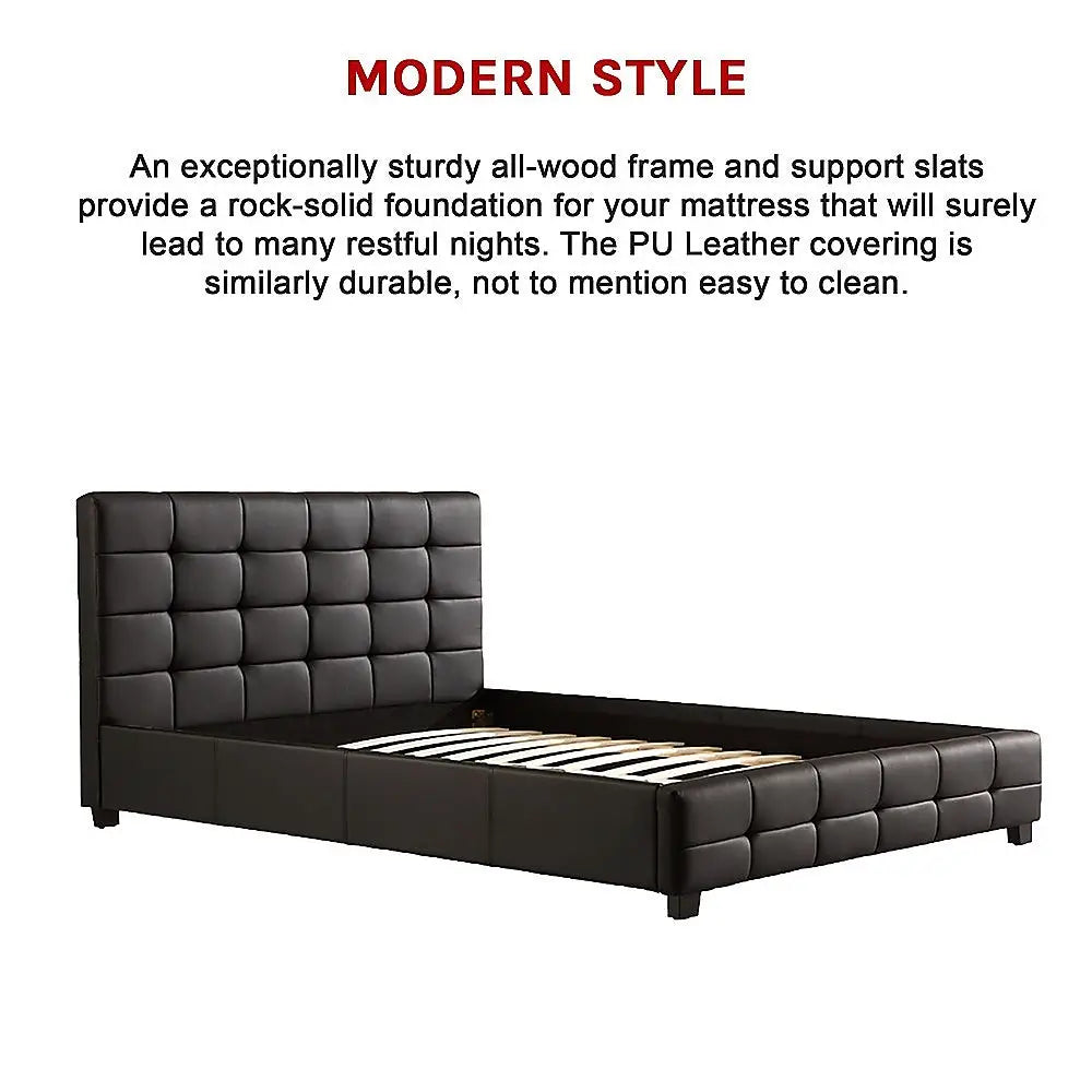 Queen PU Leather Deluxe Bed Frame Black - Furniture > Bedroom