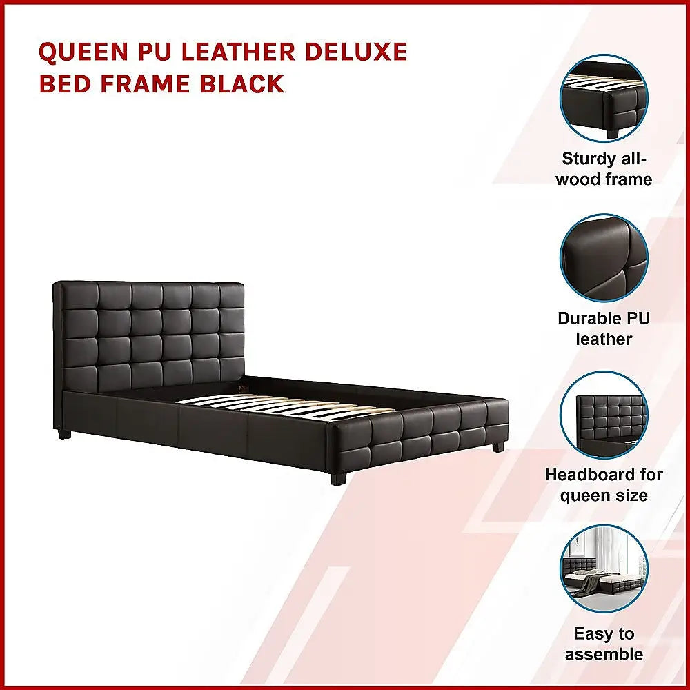 Queen PU Leather Deluxe Bed Frame Black - Furniture > Bedroom