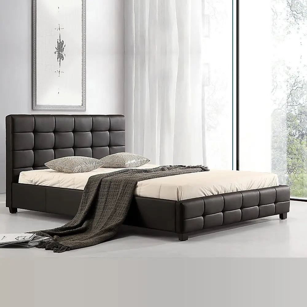 Queen PU Leather Deluxe Bed Frame Black - Furniture > Bedroom