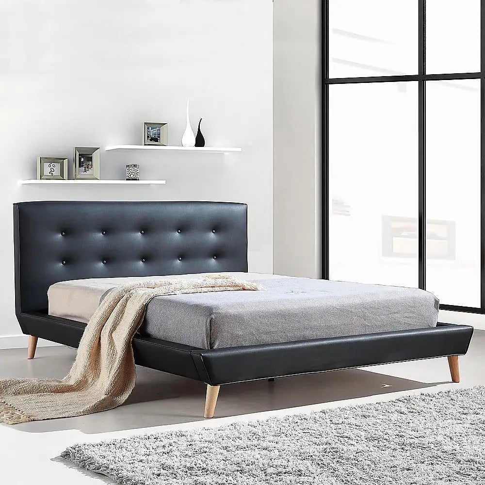 Queen PU Leather Deluxe Bed Frame Black - Furniture > Bedroom