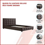Queen PU Leather Deluxe Bed Frame Brown - Furniture > Bedroom > Beds & Bed Frames