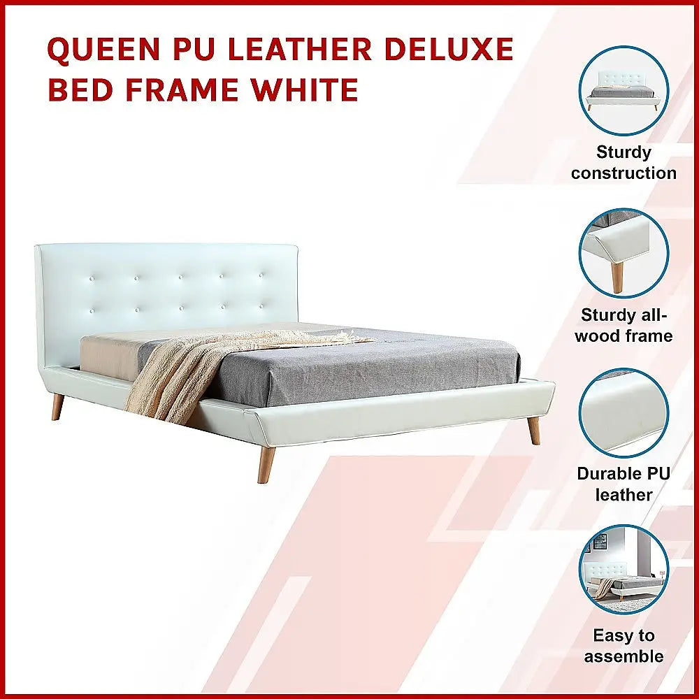 Queen PU Leather Deluxe Bed Frame White - Furniture > Bedroom > Beds & Bed Frames