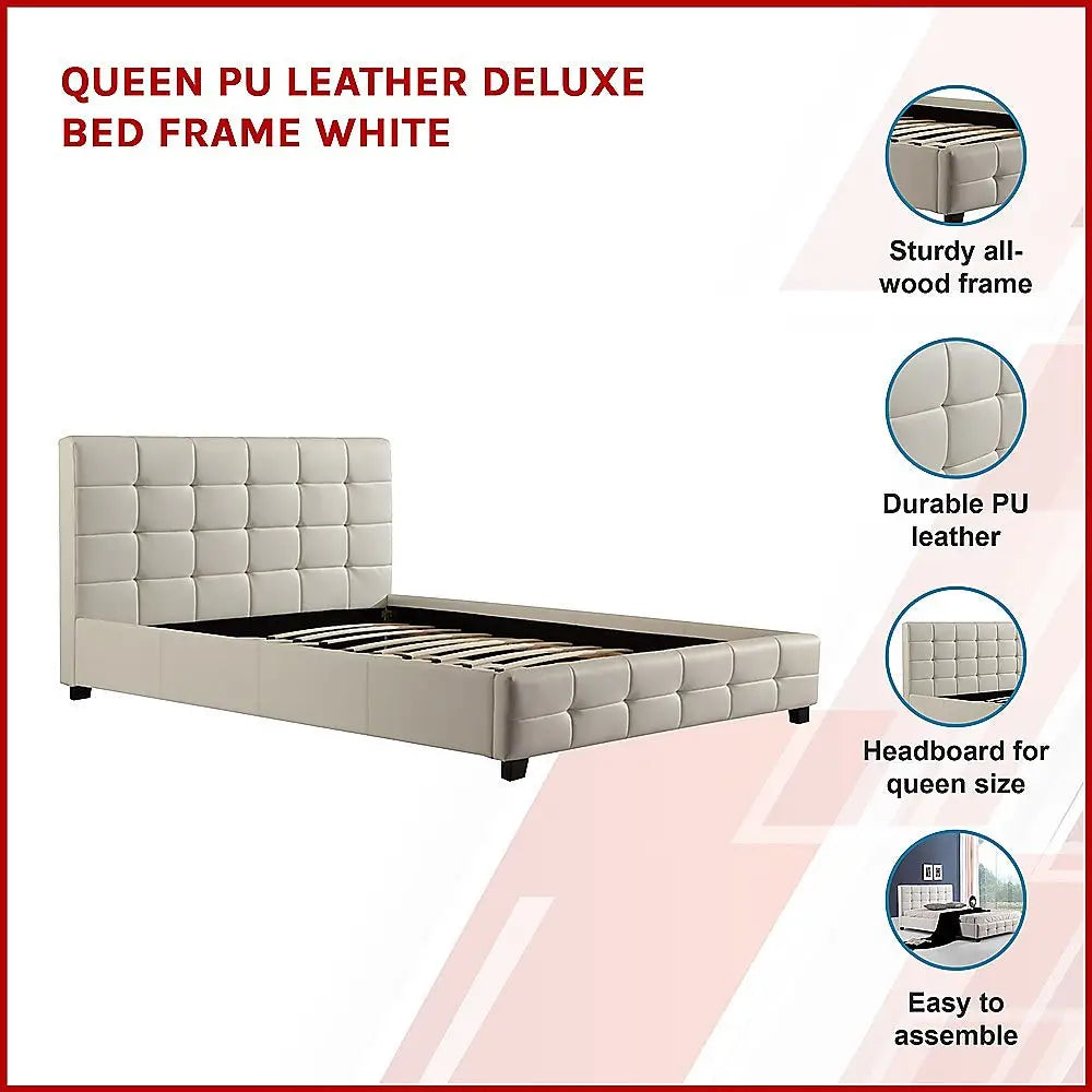 Queen PU Leather Deluxe Bed Frame White - Furniture > Bedroom > Beds & Bed Frames
