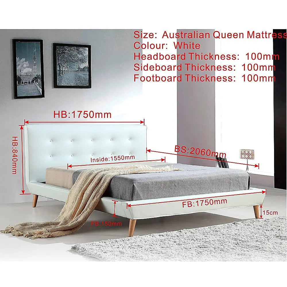 Queen PU Leather Deluxe Bed Frame White - Furniture > Bedroom > Beds & Bed Frames