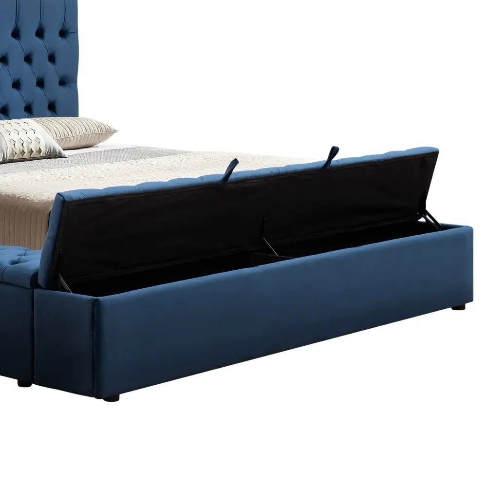 Queen Size Bedframe Velvet Upholstery Deep Blue Colour Tufted Headboard Deep Quilting - Furniture > Bedroom > Beds &