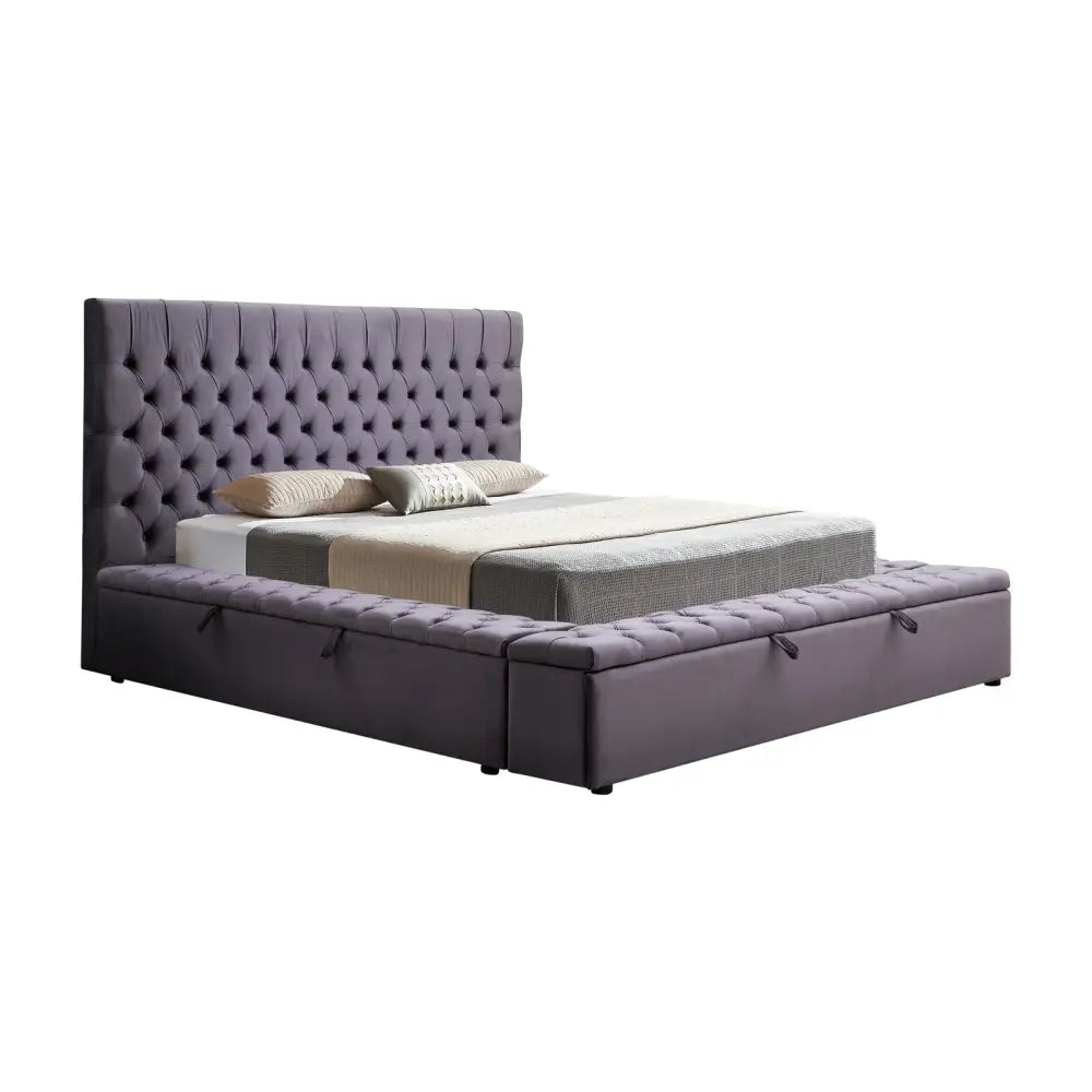 Queen Size Bedframe Velvet Upholstery Deep Grey Colour Tufted Headboard Deep Quilting - Furniture > Bedroom > Beds &
