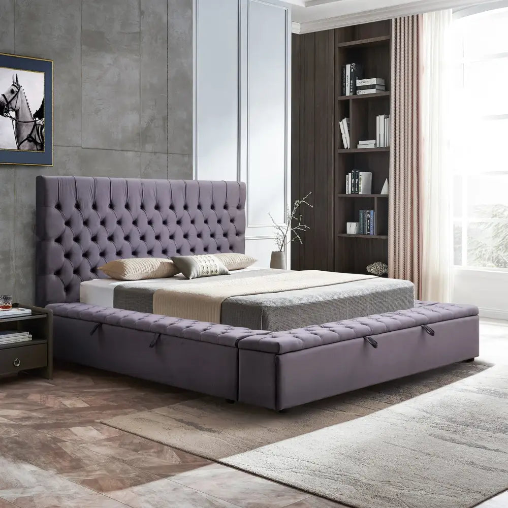 Queen Size Bedframe Velvet Upholstery Deep Grey Colour Tufted Headboard Deep Quilting - Furniture > Bedroom > Beds &
