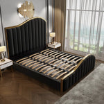 Queen Size Black Velvet Fabric Golden Metal Storage Elegant Luxury Bedframe - Furniture > Bedroom